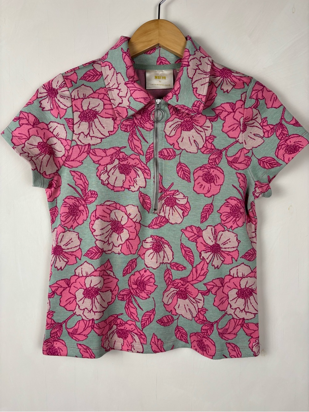 Maeve Anthropologie Floral Knit Jacquard Top Pink M Quarter Zip Collared Summer